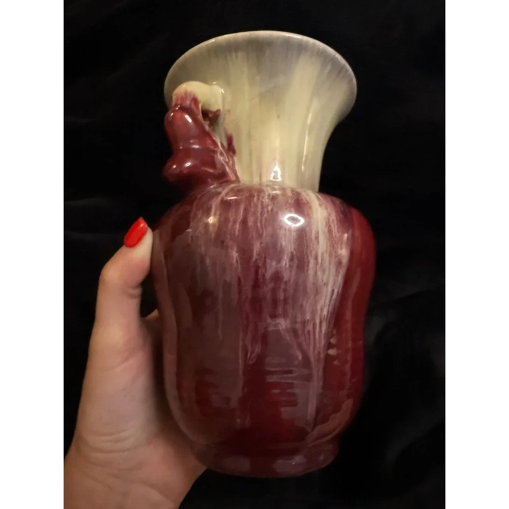 Vintage West German Pottery Drip Glaze Double Handled Vase Red Cream 8.5 Inch